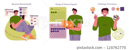 Vector illustration of a person researching mental health, designing a personal system on a laptop, and contemplating challenges. Depicts focus, innovation, and problem-solving skills. Vector illustration of a person researching mental health, designing a personal system on a laptop, and contemplating challenges. Depicts focus, innovation, and problem-solving skills. 128762770