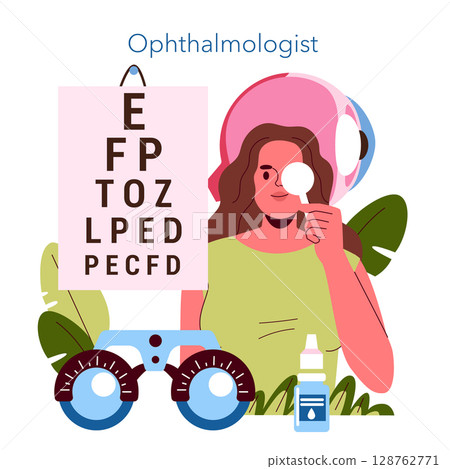 Vector illustration of a person undergoing an eye examination using an eye chart test. The individual covers one eye while an ophthalmological apparatus and eye drops are displayed. 128762771