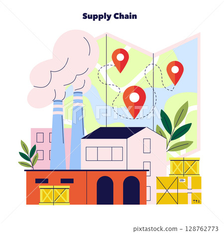 Vector illustration depicting a supply chain concept with a factory, shipping boxes, and a map marked with location pins. Highlights logistics and distribution in a stylized design. 128762773