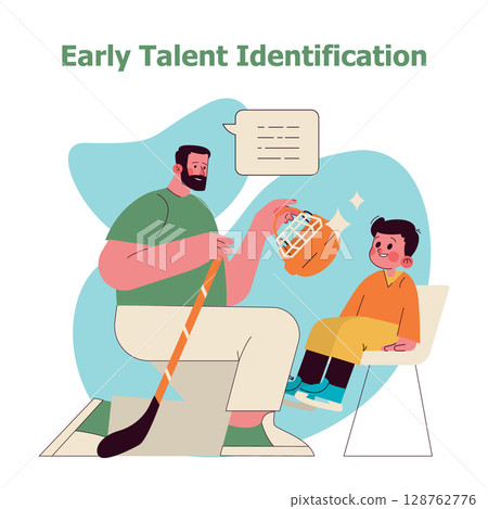 Early talent identification for sports in preschool settings. A coach engages a young child in a conversation, showing him a helmet. This scene promotes youth sports involvement and mentorship. Vector 128762776