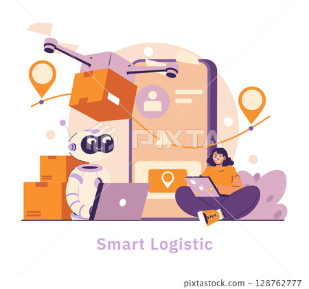 AI-based solutions transform logistics with drones and robots facilitating package tracking and delivery. Innovations streamline operations, enhancing efficiency and customer satisfaction in supply 128762777