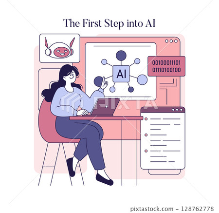 Women engaged in AI technology, using a laptop while exploring data visualizations and coding. The illustration represents the intersection of gender and technology in the modern digital age, focusing Women engaged in AI technology, using a laptop while exploring data visualizations and coding. The illustration represents the intersection of gender and technology in the modern digital age, focusing 128762778