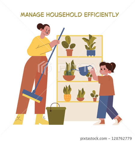 Vector illustration showing a woman smiling while cleaning with a mop, and a child enthusiastically watering plants on a shelf. Highlights teamwork in household management. Vector illustration showing a woman smiling while cleaning with a mop, and a child enthusiastically watering plants on a shelf. Highlights teamwork in household management. 128762779