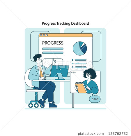 Vector illustration of professionals analyzing a progress tracking dashboard during a business meeting. Features charts, graphs, and collaborative discussion at a workspace. Vector illustration of professionals analyzing a progress tracking dashboard during a business meeting. Features charts, graphs, and collaborative discussion at a workspace. 128762782