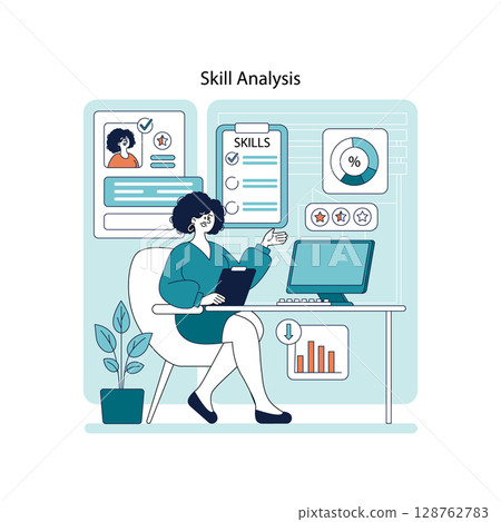 Vector illustration of a professional seated at a desk analyzing skills and data. Displays skills chart, performance metrics, and user profile interface on screen. 128762783