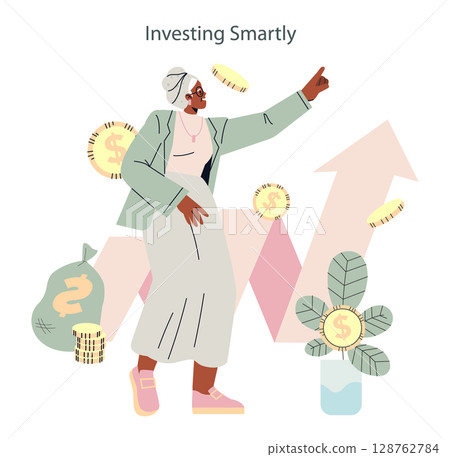 Silver Society concept. Senior woman making financial decisions, dollar coins, money bag, and growing investment plant, growth chart showing wealth planning and economic opportunities. Vector 128762784