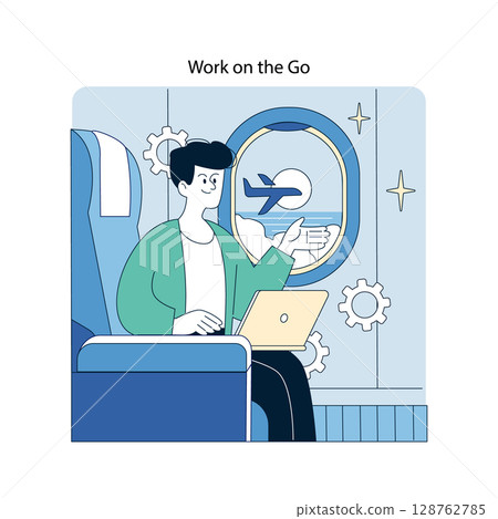 Vector illustration of a businessman working on a laptop while sitting on an airplane. The man appears focused and content, with gears and an airplane visible outside the window. Vector illustration of a businessman working on a laptop while sitting on an airplane. The man appears focused and content, with gears and an airplane visible outside the window. 128762785
