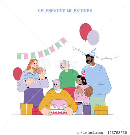 Vector illustration depicting a joyful family gathering with multiple generations celebrating an occasion. Presents, a cake, balloons, and happy expressions set a festive scene. Vector illustration depicting a joyful family gathering with multiple generations celebrating an occasion. Presents, a cake, balloons, and happy expressions set a festive scene. 128762786