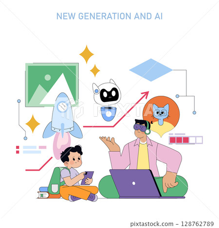 Vector illustration of a child with a tablet and an adult with a laptop, surrounded by AI elements like robots and rockets, symbolizing technology and new generation learning. 128762789