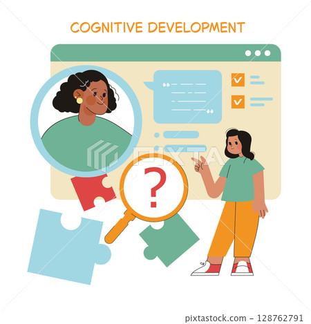 Preschool education concept illustrating cognitive development with a child solving puzzles and examining questions. Bright and engaging learning theme. Preschool education concept illustrating cognitive development with a child solving puzzles and examining questions. Bright and engaging learning theme. 128762791