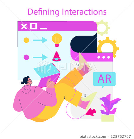 Colorful vector illustration featuring a person engaging with an augmented reality interface. Elements like gears and technology icons highlight the dynamic experience of AR interactions. 128762797