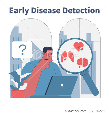 Vector illustration depicting a person contemplating early disease detection. Features a magnifying glass highlighting heart, lungs, and brain symbols on a digital screen. 128762798