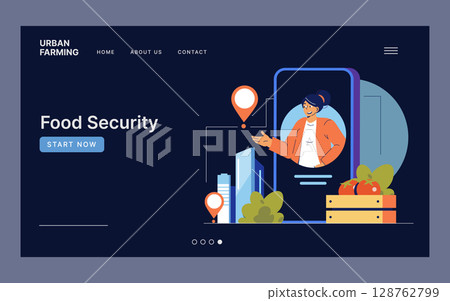 Vector illustration depicting urban farming and food security. Features a smiling individual in an online interface surrounded by buildings and produce. Promotes sustainable farming. 128762799