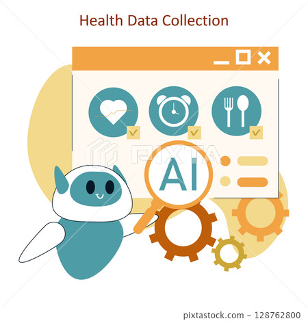 AI technology enhances health data collection through simplified interfaces and efficient data management. This illustration reflects innovation in healthcare monitoring and data analysis. 128762800