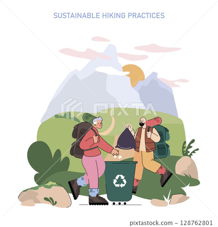 Mountain Tourism. Hikers practice sustainable tourism on scenic trails with backpacks, cleaning nature by using recycling bins and keeping mountain paths beautiful for future outdoor adventures Mountain Tourism. Hikers practice sustainable tourism on scenic trails with backpacks, cleaning nature by using recycling bins and keeping mountain paths beautiful for future outdoor adventures 128762801