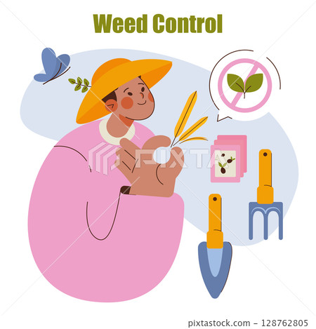 Horticulture concept. Gardener removes weeds for healthier plant growth using hand tools and seed packets in a garden setting, focusing on weed control and maintenance. Vector illustration. Horticulture concept. Gardener removes weeds for healthier plant growth using hand tools and seed packets in a garden setting, focusing on weed control and maintenance. Vector illustration. 128762805