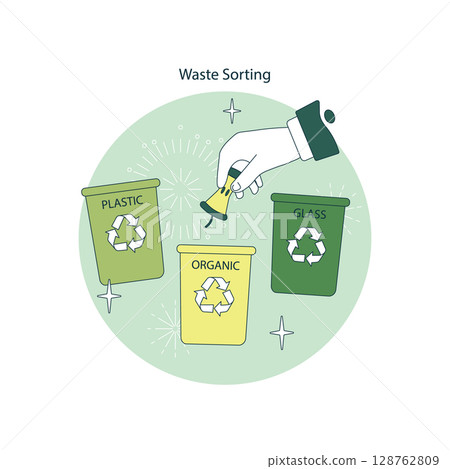 Vector illustration of a hand placing waste into labeled recycling bins for plastic, organic, and glass materials. Emphasizes eco-friendly waste management and sustainability. 128762809