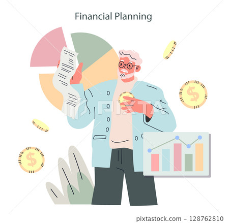 Silver Society concept. Senior man manages finances with charts, coins and budget plan. Retirement investment and money management for elderly people in modern society. Vector illustration. Silver Society concept. Senior man manages finances with charts, coins and budget plan. Retirement investment and money management for elderly people in modern society. Vector illustration. 128762810