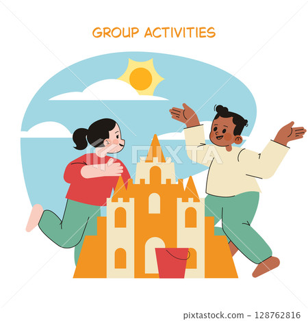 Engaging children enjoy group activities by building a sandcastle together. The joyful scene highlights teamwork and creativity on a sunny day, emphasizing the importance of collaborative play in 128762816