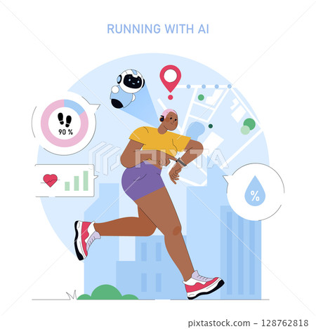World Running Day concept. Runner using smart wearables and AI technology for tracking steps, heart rate and hydration with city background. Fitness data, progress, and digital health. Vector World Running Day concept. Runner using smart wearables and AI technology for tracking steps, heart rate and hydration with city background. Fitness data, progress, and digital health. Vector 128762818