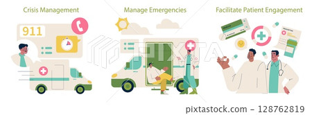 Vector illustration depicting crisis management, emergency care in ambulances, and patient engagement with healthcare professionals, emphasizing emergency response and patient interactions. Vector illustration depicting crisis management, emergency care in ambulances, and patient engagement with healthcare professionals, emphasizing emergency response and patient interactions. 128762819