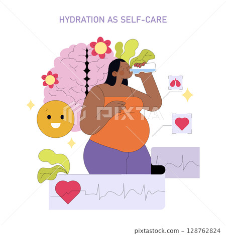 Vector illustration depicting self-care through hydration. A person drinks water, promoting well-being, with positive icons and symbols representing mental and physical health benefits. 128762824