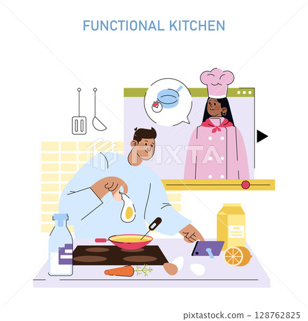 Illustration of a man cooking in a modern kitchen while following online instructions from a virtual chef on a screen. Focuses on combining technology with culinary skills. Illustration of a man cooking in a modern kitchen while following online instructions from a virtual chef on a screen. Focuses on combining technology with culinary skills. 128762825