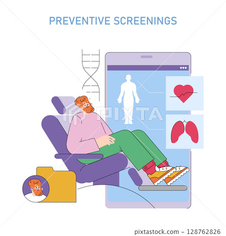 Mens Health Month concept. Routine preventive screenings help detect early signs of heart and lung issues, encouraging men to prioritize regular checkups for long term wellness. Vector illustration. 128762826