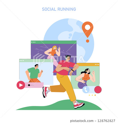 World Running Day concept. People connect virtually and run together globally from different locations, using devices and online platforms to share motivation and celebrate fitness. Vector World Running Day concept. People connect virtually and run together globally from different locations, using devices and online platforms to share motivation and celebrate fitness. Vector 128762827