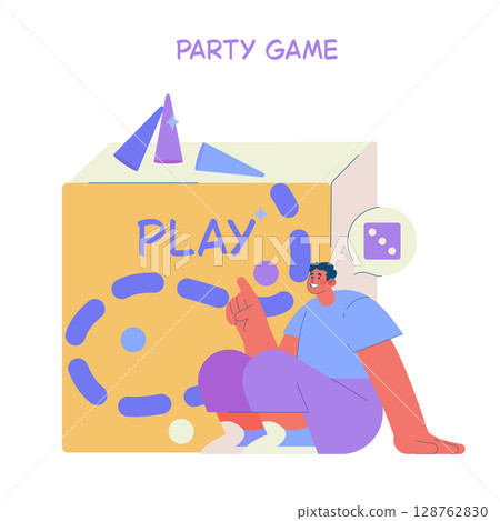 Vector illustration of a cheerful person engaging with a party game. Shows a large play block and dice, highlighting an interactive and fun activity setup. 128762830
