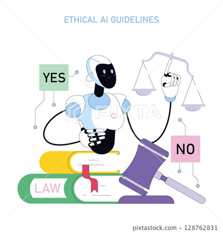 Vector illustration of a robot with a friendly expression weighing ethical decisions against legal guidelines. The robot interacts with law books and a gavel, signifying AI law and ethics. 128762831