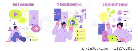 Vector illustration depicting digital community building, AI integration, and document progress with vibrant symbols. Visual elements include tech interfaces and engaged individuals. 128762833