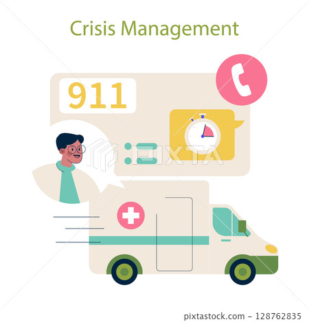 Vector illustration depicting crisis management with a 911 emergency theme. An ambulance, a stopwatch, and a caller illustrate quick response and assistance during critical situations. 128762835