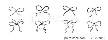 Chalk coquette bow with ribbon set. Hand drawn vector illustration isolated on white background for design template present for wedding, Birthday, Christmas decoration or discount, sale. EPS10 Chalk coquette bow with ribbon set. Hand drawn vector illustration isolated on white background for design template present for wedding, Birthday, Christmas decoration or discount, sale. EPS10 128762852