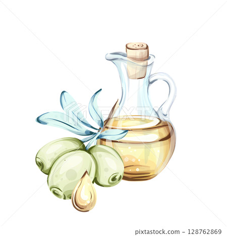 Watercolor illustration of olives and olive oil capturing the essence of Italian cuisine and nature Watercolor illustration of olives and olive oil capturing the essence of Italian cuisine and nature 128762869