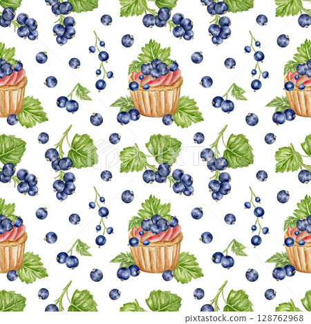 Seamless pattern with sweet cupcakes and black currants. Watercolor print for festive textiles and confectionery packaging. Colorful pattern with a festive cake and summer berries Seamless pattern with sweet cupcakes and black currants. Watercolor print for festive textiles and confectionery packaging. Colorful pattern with a festive cake and summer berries 128762968