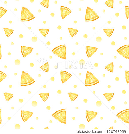 Seamless watercolor pattern with lemon slices and watercolor spots. Juicy fresh summer print for children's clothing, culinary textiles, fabrics, and wrapping paper. Lemon juice. Seamless watercolor pattern with lemon slices and watercolor spots. Juicy fresh summer print for children's clothing, culinary textiles, fabrics, and wrapping paper. Lemon juice. 128762969