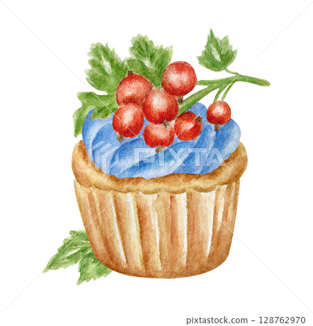 Muffin with red currant berries and cream, watercolor illustration. Design element for pastry shops, bakeries, and birthday cards. A sweet treat with fresh berries. Muffin with red currant berries and cream, watercolor illustration. Design element for pastry shops, bakeries, and birthday cards. A sweet treat with fresh berries. 128762970
