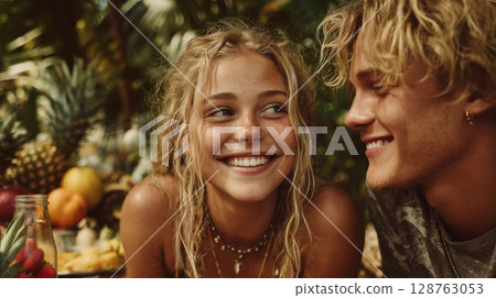 Happy Young Couple Smiling Close Up Outdoors 128763053