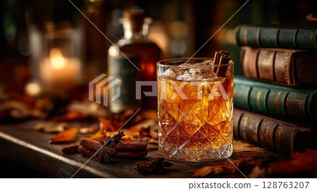 Amber Cocktail with Cinnamon Stick, Autumn Leaves and Old Books 128763207