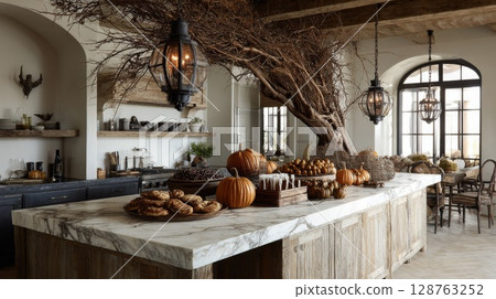 Rustic Modern Kitchen Interior with Autumn Decor 128763252