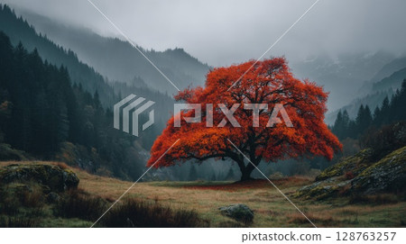 Solitary Red Tree on Foggy Mountain 128763257