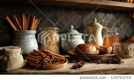 Rustic Kitchen Still Life with Spices and Bread 128763259