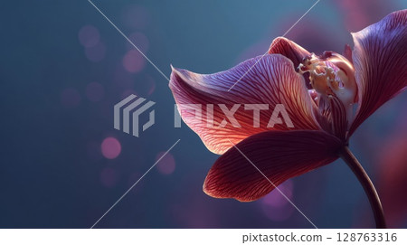 Closeup of a Purple Orchid Blossom with Soft Bokeh Background 128763316