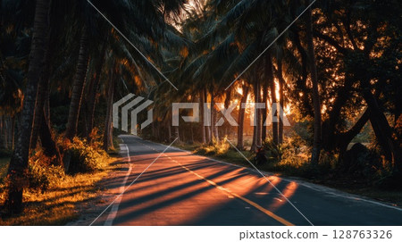 Sunset Road Through Tropical Trees 128763326