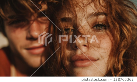Close-Up Portrait of Young Couple Outdoors in Soft Sunlight Close-Up Portrait of Young Couple Outdoors in Soft Sunlight 128763362