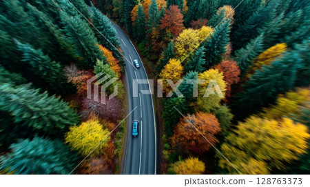 Aerial View of Winding Road Through Autumn Forest 128763373