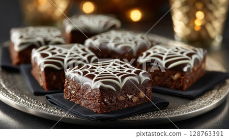Spooky Halloween Chocolate Brownies with Spiderweb Icing 128763391