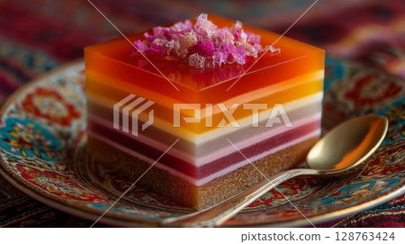 Layered Jelly Dessert with Edible Flowers 128763424
