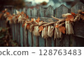 Autumnal Decoration on Rustic Wooden Fence 128763483